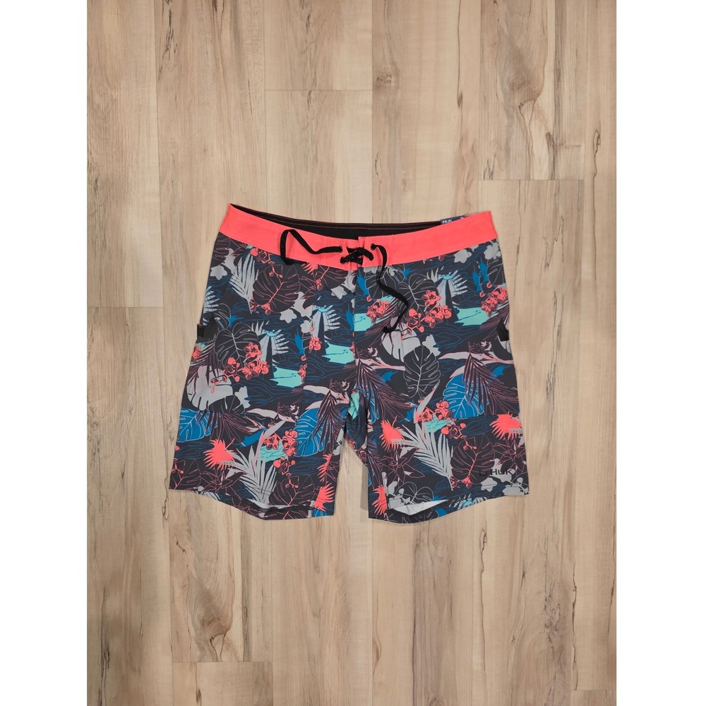 Huk Mens Tropical Floral Board Shorts Neon Coral Gray Size 36 New